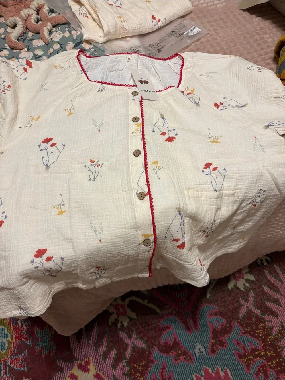 Ownkoti Womens gauze Floral Cream Pajama Set XL